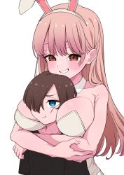 1boy 1girl absurdres animal_ears bare_arms bare_shoulders black_shirt blonde_hair blue_eyes blush boku_no_kokoro_no_yabai_yatsu breasts brown_eyes brown_hair detached_collar fake_animal_ears grin height_difference hetero highres hug hug_from_behind ichikawa_kyoutarou large_breasts leotard mekato playboy_bunny rabbit_ears shirt sleeveless smile white_leotard yamada_anna