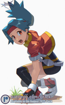 Rule 34 | 1girl, :o, black bodysuit, black gloves, black thighhighs, bodysuit, bodysuit under clothes, commentary, eyelashes, fingerless gloves, flipped hair, gloves, headband, jacket, looking to the side, nintendo, open mouth, orange eyes, orlek, over-kneehighs, pokemon, pokemon ranger (series), pokemon ranger 1, ponytail, red headband, red jacket, shoes, short sleeves, solana (pokemon), solo, squatting, thighhighs, white background, white shoes