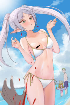 1girl 3boys absurdres alternate_costume areola_slip aroused_nosebleed beach beard bikini blood blue_sky breasts brown_hair censored censored_nipples cloud commentary_request cowboy_shot day dwarf earrings eisen_(sousou_no_frieren) elf eyelashes facial_hair fake_horns floating_earrings frieren glasses glint green_eyes grey_hair heiter helmet highres himmel_(sousou_no_frieren) horned_helmet horns innertube jewelry large_variant_set long_beard looking_down multiple_boys navel nipples nosebleed ocean outdoors paid_reward_available parted_lips pointy_ears sasasa_r_23 sky small_breasts sousou_no_frieren standing sun sunlight swim_ring swimsuit thick_eyebrows twintails variant_set wardrobe_malfunction water white_bikini