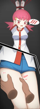 1girl akacolor arms_up blue_shorts bound bound_wrists breasts buttons commentary commission disembodied_hand hair_ornament hairclip hand_on_another&#039;s_thigh heart highres jacket jitome looking_down nintendo open_mouth pink_eyes pink_hair pokemon pokemon_hgss short_shorts short_sleeves shorts skeb_commission spoken_blush sweatdrop thighs white_jacket whitney_(pokemon)