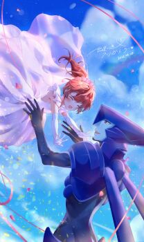 Rule 34 | 1boy, 1girl, absurdres, android, asagi marin, black gloves, blue skin, blue sky, blush, brigadoon, brown eyes, brown hair, cloud, colored skin, crying, crying with eyes open, dated, dress, elbow gloves, closed eyes, gloves, highres, melan blue, nasu8601, open mouth, outstretched arms, sky, tearing up, tears, white dress