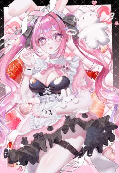 1girl animal_ears apron blush bow breasts cleavage commission dress fake_animal_ears food frilled_dress frills fruit hair_between_eyes heart highres long_hair looking_at_viewer maid maid_headdress motizuki_piyo9 original pink_bow pink_eyes pink_hair rabbit rabbit_ears ribbon see-through_clothes sensitive short_sleeves solo sparkle strawberry stuffed_animal stuffed_toy symbol-shaped_pupils thigh_strap twintails very_long_hair