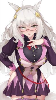 Rule 34 | 1girl, absurdres, ahoge, animal ears, biwa hayahide (pf. winning equation...) (umamusume), biwa hayahide (umamusume), breasts, ear ornament, glasses, grey hair, hair between eyes, hair ornament, highres, horse ears, horse girl, horse print, horse tail, long hair, red-framed eyewear, semi-rimless eyewear, tail, umamusume, under-rim eyewear, xkittyzx, yellow eyes