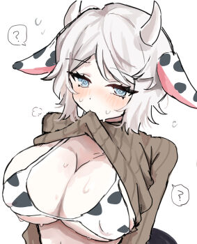 1girl @_@ animal_ears animal_print bikini blue_eyes blush breasts brown_sweater commentary_request covered_erect_nipples cow_ears cow_horns cow_print cow_print_bikini faust_(project_moon) highres horns large_breasts limbus_company looking_at_viewer marshmallow_(site) print_bikini project_moon request_inset ribbed_sweater ro/ku short_hair simple_background solo sweater swimsuit white_background white_hair