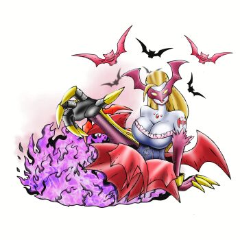 Rule 34 | 1girl, bat (animal), blonde hair, breasts, cleavage, colored skin, demon wings, digimon, digimon (creature), eye mask, full body, fusion, grey skin, highres, ladydevimon, large breasts, long hair, low wings, mask, red wings, simple background, vamdemon, weirdomonmaster, white background, wings