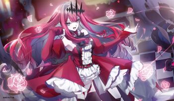 Rule 34 | 1girl, baobhan sith (fate), baobhan sith (first ascension) (fate), breasts, checkered floor, detached sleeves, dress, falling petals, fate/grand order, fate (series), frilled dress, frills, grey eyes, hair ornament, highres, long hair, no-kan, open mouth, petals, pink hair, red dress, sidelocks, smile, solo