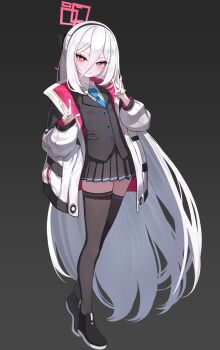 Rule 34 | 1girl, black background, black hairband, black jacket, black thighhighs, blue archive, blue necktie, commentary, double-parted bangs, double v, english commentary, expressionless, full body, gangbyeon, hair between eyes, hairband, halo, highres, jacket, kei (blue archive), kei (new body) (blue archive), long hair, long hair between eyes, looking at viewer, multicolored jacket, necktie, rectangular halo, ringed eyes, solo, thighhighs, two-tone jacket, v, white hair, white jacket