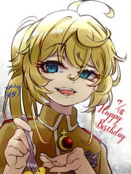 absurdres ahoge blonde_hair blue_eyes brown_jacket collared_jacket commentary_request cross dated english_text food fork gem hair_between_eyes hands_up happy_birthday high_ponytail highres holding holding_fork huge_ahoge iron_cross jacket jewelry long_hair long_hair_between_eyes medal military military_jacket military_uniform open_mouth pasta pendant penne_(pasta) ponytail red_gemstone sidelocks signature simple_background smile tanya_degurechaff teeth tongue tongue_out upper_body white_background youda_(seravichacha) youjo_senki