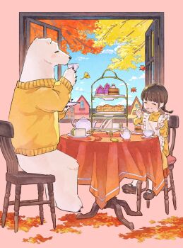 1girl apron autumn_leaves bear blue_sky braid braided_twintails brown_shoes cake cake_slice chair child commentary_request cup dress eating falling_leaves film_grain food frilled_apron frills furry highres holding holding_cup indoors ito_yoshi leaf low_twintails mary_janes on_chair open_window original polar_bear sandwich shoes short_hair short_twintails sitting sky slice_of_life sweater table tablecloth tea_party teacup teapot twintails utensil_in_mouth warm_colored white_apron window yellow_dress yellow_sweater