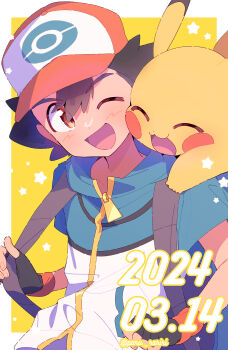 Rule 34 | 1boy, :3, :d, ;d, ^ ^, ash ketchum, backpack, bag, baseball cap, blue jacket, blush, brown hair, closed eyes, commentary request, dated, dot nose, double-parted bangs, gen 1 pokemon, hair between eyes, hat, highres, jacket, male focus, multicolored jacket, nintendo, one eye closed, open mouth, pikachu, pokemon, pokemon (anime), pokemon (creature), pokemon bw (anime), red hat, serizawa serizane, short-sleeved jacket, short hair, short sleeves, smile, star (symbol), twitter username, two-tone jacket, upper body, white jacket, yellow background, yellow eyes
