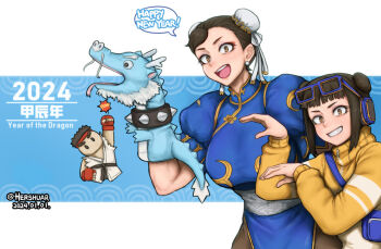 2girls artist_name black_hair breasts capcom china_dress chinese_clothes chinese_zodiac chun-li dated double_bun dragon dress eyewear_on_head glasses hair_bun hand_puppet headphones hershuar li-fen looking_at_viewer multiple_girls official_alternate_costume pantyhose puppet ryu_(street_fighter) smile street_fighter street_fighter_6 sweater year_of_the_dragon yellow_eyes yellow_sweater