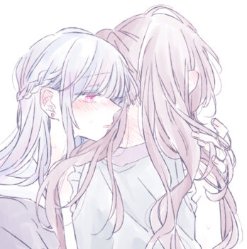 2girls blush braid brown_hair copyright_request ear_blush earrings grey_shirt half_up_braid hand_in_another's_hair jewelry long_hair multiple_girls neck_blush parted_lips pink_eyes shirt simple_background stud_earrings sweat white_background xxxxxio55 yuri