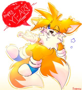 2024 absurdres blue_eyes blue_shoes chest_fur fangs fox fox_boy happy_new_year highres new_year one_eye_closed shoes solo sonic_(series) speech_bubble star_(symbol) tails_(sonic) vitrioo