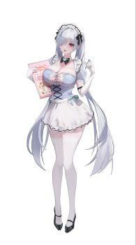 1girl breasts cinderella_(nikke) cleavage doga_gyul dress full_body goddess_of_victory:_nikke grey_hair hair_over_one_eye highres maid one_eye_covered open_mouth simple_background solo thighhighs white_background white_thighhighs