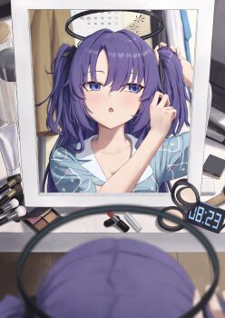 1girl absurdres adjusting_hair animal_print arms_up averting_eyes black_halo black_ribbon blue_archive blue_necktie blue_pajamas blurry blurry_foreground breasts calendar_(object) cat_print cleavage clock collarbone collared_pajamas commentary_request compact_(cosmetics) cosmetics digital_clock from_above hair_brush hair_ribbon halo highres huran_tea indoors light_blush lip_balm lipstick long_hair makeup makeup_brush makeup_palette medium_breasts mirror necktie open_mouth pajamas parted_bangs purple_eyes reflection ribbon shirt short_sleeves solo two_side_up unworn_necktie unworn_shirt white_shirt yuuka_(blue_archive)