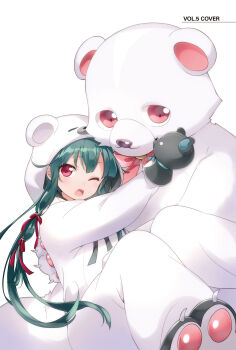 Rule 34 | 029, 1boy, 1girl, animal, animal costume, animal ears, animal hood, bear, bear boy, bear costume, bear ears, bear hood, black ribbon, blush, bow, bowtie, carrying, carrying person, cosplay, green hair, hair ribbon, hand puppet, highres, hood, hood up, kigurumi, kuma kuma kuma bear, kumakyuu (kuma kuma kuma bear), long hair, looking at viewer, official art, one eye closed, open mouth, pink bow, pink bowtie, polar bear, princess carry, puppet, red eyes, ribbon, sidelocks, simple background, third-party source, white background, yuna (kuma kuma kuma bear)
