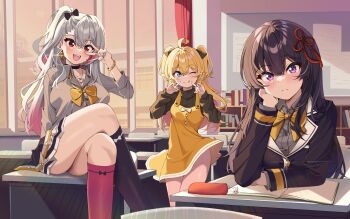 Rule 34 | 3girls, :q, ahoge, arm behind back, backlighting, black bow, black choker, black hair, black jacket, black shirt, black socks, blonde hair, blue eyes, blue nails, blush, book, bow, bracelet, breasts, chair, choker, classroom, closed mouth, clothes lift, collared jacket, collared shirt, commentary, copyright name, cover, crossed bangs, crossed legs, curvy, desk, dollar sign, double-parted bangs, dress, dress lift, dress shirt, earrings, fangs, feet out of frame, frown, glint, gradient hair, grey hair, grey shirt, gyaru, hair between eyes, hair bow, hair intakes, hand up, happy, head rest, heart, heart necklace, highres, index fingers raised, indoors, jacket, jewelry, key visual, kneehighs, kogal, kuromiya reika, kusaka yuno, large breasts, long hair, long sleeves, miniskirt, multicolored hair, multiple girls, nail polish, necklace, official art, one side up, open book, pinafore dress, pink hair, pleated skirt, promotional art, puffy long sleeves, puffy sleeves, purple eyes, ray (rays 26), re:fragment ~absolute ambition~, red eyes, ring, school chair, school desk, school uniform, shirasaki maya, shirt, sidelighting, sitting, sitting on table, skirt, sleeveless, sleeveless dress, sleeves past wrists, small breasts, socks, split mouth, straight hair, striped clothes, striped shirt, teeth, textless version, thighs, tongue, tongue out, tsurime, two side up, upper body, upper teeth only, v, v over eye, vertical-striped clothes, vertical-striped shirt, very long hair, video game cover, wavy hair, window, yellow bow, yellow dress