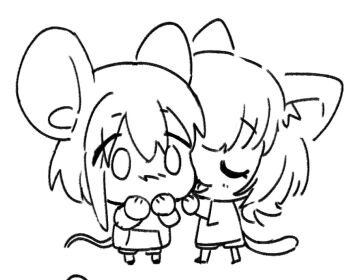 2girls animal_ears bad_link bang_dream! bang_dream!_it&#039;s_mygo!!!!! blush cat_ears cat_tail chibi chibi_only closed_eyes hug kaname_raana licking lips mouse_ears mouse_tail multiple_girls short_hair simple_background tail takamatsu_tomori yuri