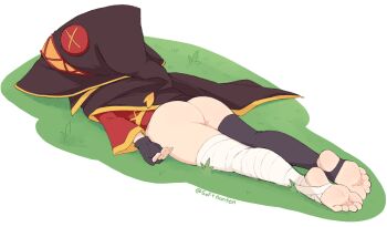 1girl ass asymmetrical_legwear bandaged_leg bandages black_gloves black_thighhighs brown_cape brown_hat cape face_down feet fingerless_gloves full_body gloves grass hat highres kono_subarashii_sekai_ni_shukufuku_wo! legs lying megumin mismatched_legwear no_pants no_shoes on_ground on_stomach red_shirt shirt simple_background softhanten soles solo stirrup_legwear thighhighs toeless_legwear toes twitter_username white_background witch_hat