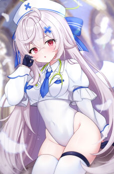 1girl :o beatrixa_(stella_sora) black_gloves blue_bow blue_necktie blurry blurry_background bow breasts collared_shirt commentary_request cropped_jacket depth_of_field feathers gloves grey_hair hair_between_eyes half_gloves halo hat highres jacket layered_sleeves leotard long_sleeves looking_at_viewer medium_breasts necktie nurse nurse_cap parted_lips puffy_long_sleeves puffy_short_sleeves puffy_sleeves red_eyes shirt short_necktie short_over_long_sleeves short_sleeves solo stella_sora stethoscope_around_neck striped_bow thighhighs white_feathers white_hat white_jacket white_leotard white_shirt white_thighhighs white_wings wings yomogi_(becr)