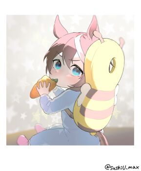 1girl aged_down animal_ears backpack bag biting_stuffed_toy blue_eyes blue_jumpsuit blurry blurry_background border brown_hair commentary_request from_behind frown full_body hair_between_eyes highres holding holding_stuffed_toy horse_ears horse_girl horse_tail jumpsuit kadokura_(sushiu_max) long_sleeves looking_back multicolored_hair object_request on_floor pink_socks polaroid_photo short_hair shoulder_strap sidelighting sideways_glance sitting socks solo star_(symbol) streaked_hair stuffed_animal stuffed_carrot stuffed_toy tail toddler tokai_teio_(umamusume) twitter_username umamusume white_border