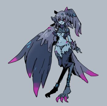 Rule 34 | 1girl, absurdres, bird tail, black feathers, black sclera, blue skin, breasts, colored sclera, colored skin, commentary request, f f z, feathers, grey background, grey feathers, harpy, head wings, highres, looking at viewer, monster girl, navel, original, pink eyes, pink feathers, pink talons, simple background, single head wing, single wing, small breasts, solo, tail, talons, winged arms, wings