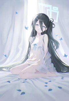 1girl aris_(blue_archive) barefoot black_hair blue_archive blue_eyes blue_halo bow bowtie breasts bug butterfly dress hair_between_eyes halo headband highres insect kneeling long_hair oekaki_siro sitting small_breasts smile white_dress yokozuwari
