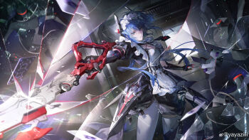 1girl absurdres apron black_dress blue_eyes blue_hair broken_glass character_request chinese_commentary commentary_request cowboy_shot crack cracked_glass dress dutch_angle floating_hair frilled_apron frills glass glass_shards hair_ornament highres holding holding_weapon long_hair looking_at_viewer maid maid_headdress mechanical_arms official_art pantyhose puffy_short_sleeves puffy_sleeves punishing:_gray_raven short_dress short_sleeves solo watermark weapon weibo_watermark white_apron white_pantyhose yayaziiii