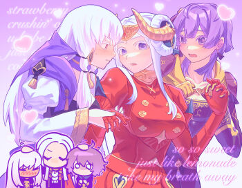 3girls aged_up babykatafan bernadetta_von_varley bernadetta_von_varley_(timeskip) blunt_bangs blush breasts chibi cleavage closed_eyes collarbone commentary cursive double_bun dress edelgard_von_hresvelg edelgard_von_hresvelg_(timeskip) english_commentary english_text fake_horns fire_emblem fire_emblem:_three_houses full-face_blush gradient_background gradient_hair group_sex hair_between_eyes hair_bun head_tilt headpiece heart height_difference highres holding_hands horns juliet_sleeves large_breasts leaning_to_the_side long_hair long_sleeves lysithea_von_ordelia lysithea_von_ordelia_(timeskip) medium_breasts multicolored_hair multiple_girls nintendo official_alternate_costume open_mouth parted_bangs pink_eyes puffy_long_sleeves puffy_sleeves purple_background purple_eyes purple_hair red_dress scared shade short_hair small_breasts standing sweatdrop tearing_up threesome trembling upper_body white_hair wide-eyed wide_sleeves yuri