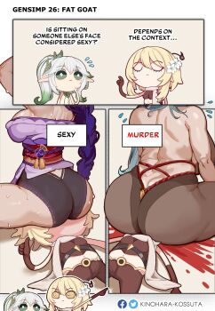 4girls aether_(genshin_impact) aether_(genshin_impact)_(cosplay) artist_name ass black_panties blonde_hair blood braid breasts brown_pantyhose butt_crack comic commentary cosplay crushed crushing death english_commentary english_text face_in_ass fat_joke ganyu_(genshin_impact) genshin_impact head_out_of_frame heavy highres huge_ass huge_breasts kinohara_kossuta long_braid lumine_(genshin_impact) multiple_girls murder nahida_(genshin_impact) panties pantyhose plump pointing pointing_up powerful_ass raiden_shogun scarf sideboob sitting sitting_on_face sitting_on_person sweat thumbs_up underwear very_sweaty weight_conscious yuri