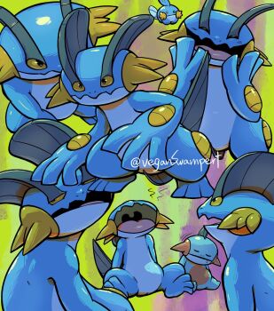 ? animal_focus artist_name black_eyes blue_background blue_theme colored_sclera evolutionary_line expressionless fangs gen_3_pokemon highres looking_at_viewer marshtomp mudkip multiple_views nintendo no_humans orange_sclera pokemon pokemon_(creature) ripples shaded_face simple_background sitting sleeveless slit_pupils smile swampert twitter_username veganswampert
