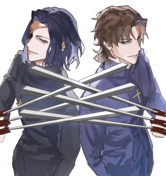 Rule 34 | 2boys, black hair, black keys (type-moon), brown eyes, brown hair, commentary request, cross, cross necklace, eyepatch, fate/stay night, fate/strange fake, fate (series), hansa cervantes, highres, jacket, jewelry, kotomine kirei, latin cross, looking at viewer, male focus, mole, mole under eye, multiple boys, necklace, open mouth, priest, purple eyes, short hair, simple background, smile, sy owo, upper body, white background