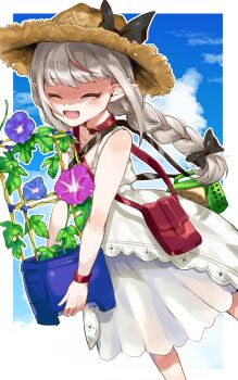 1girl absurdres bag bare_shoulders belt_collar black_bow black_ribbon blunt_bangs blush border bow bracelet braid bug_cage closed_eyes cloud collar collarbone dress dutch_angle fangs feet_out_of_frame flower flower_pot grey_hair hair_ribbon handbag hat hat_bow highres holding holding_flower_pot jewelry lace_trim long_hair looking_at_viewer low_twin_braids makaino_ririmu makaino_ririmu_(3rd_costume) morning_glory multicolored_hair nijisanji open_mouth outline outside_border pointy_ears red_bag red_collar red_eyes red_streaks ribbon sakana2434 shoulder_bag sidelocks sky sleeveless sleeveless_dress smile solo standing strap_slip straw_hat streaked_hair sundress twin_braids two-tone_hair virtual_youtuber white_border white_dress white_outline