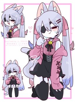 1boy :3 animal_ear_fluff animal_ears bare_shoulders bell black_choker black_corset black_eyes black_skirt black_thighhighs blue_hair body_fur bow bulge cardigan cat_boy cat_ears cat_tail choker closed_mouth collared_shirt colored_tips commentary corset crossdressing crossdressing_(mtf) double-parted_bangs expressionless eyepatch flipped_hair from_side full_body furrification furry furry_male garter_straps hair_between_eyes hair_bow hand_on_own_thigh hand_up heart highres jingle_bell kneeling long_hair long_sleeves male_focus miniskirt multicolored_hair multiple_views narrowed_eyes neck_bell neck_ribbon no_nose off_shoulder one_eye_covered op_na_yarou open_cardigan open_clothes open_mouth original panties panty_peek pink_bow pink_cardigan pink_panties pink_shirt quad_tails raised_eyebrows raised_inner_eyebrows red_hair ribbon rigel_(op_na_yarou) shirt sidelocks simple_background skirt sleeveless sleeveless_shirt sleeves_past_fingers sleeves_past_wrists squeans standing straight_hair sweatdrop tail tail_ornament tail_ribbon thighhighs thighs trap underwear upper_body very_long_hair watermark white_background white_fur white_hair