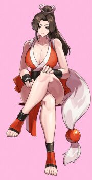 1girl breasts brown_eyes brown_hair cleavage commentary_request crossed_legs dress fatal_fury feet high_ponytail highres invisible_chair large_breasts legs light_smile pelvic_curtain pink_hair ponytail red_dress revealing_clothes ryo_yo_shi shiranui_mai sitting snk the_king_of_fighters thighs toes wrist_guards