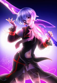 1girl absurdres bare_shoulders belt black_cape black_panties black_thighhighs blue_hair breasts cape carrying chaos;head chaoticcherry clothing_cutout commentary_request cross cross_print d-sword earrings expressionless floating_clothes goth_fashion gothic_punk highres holding holding_sword holding_weapon jewelry kishimoto_ayase looking_at_viewer makeup mascara multiple_rings navel panties phantasm pink_eyes poet_sleeves purple_lips ring science_adventure short_hair shoulder_carry shoulder_cutout small_breasts smile solo stomach stomach_cutout sword thighhighs underwear weapon