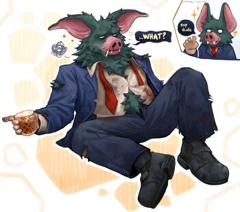 1boy absurdres alcohol animal_ears bat_boy bat_ears beer black_pants black_shoes blue_suit chibi commentary cup dispatch drunk english_commentary english_text fangs formal_clothes fungiteh furry furry_male highres holding holding_cup looking_at_viewer male_focus multiple_views necktie open_fly open_mouth pants shirt shoes smoking sonar_(dispatch) sparkle speech_bubble squiggle suit torn_clothes torn_pants undone_necktie white_shirt