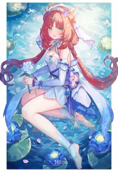 1girl aqua_eyes bare_shoulders barefoot blue_dress blue_sleeves blush breasts character_name cleavage commentary_request detached_sleeves double_bun dress flower full_body genshin_impact hair_bun hair_flower hair_ornament highres holding holding_flower hydro_symbol_(genshin_impact) lily_pad long_hair looking_at_viewer medium_breasts mocchiri290 nilou_(breeze_of_sabaa)_(genshin_impact) nilou_(genshin_impact) official_alternate_costume open_mouth partially_submerged purple_flower red_hair sitting sleeveless sleeveless_dress solo twintails very_long_hair vision_(genshin_impact) water