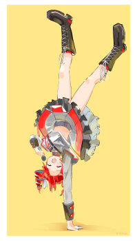 Rule 34 | 1girl, absurdres, black boots, boots, buttons, closed eyes, double-breasted, drill hair, grey jacket, grey skirt, handstand, highres, holding, holding microphone, jacket, kasane teto, kasane teto (sv), lace-up boots, microphone, midriff, mp777b, one arm handstand, open mouth, red hair, signature, simple background, skirt, solo, synthesizer v, twin drills, yellow background