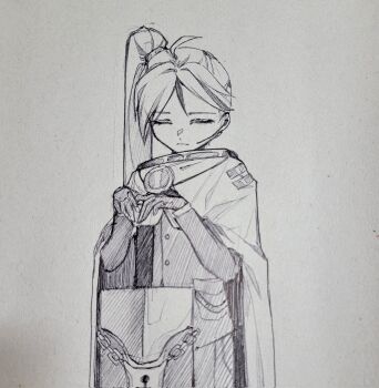 1boy badge cape chain closed_eyes closed_mouth cowboy_shot earpiece gloves greatsword greyscale hands_up highres jacket library_of_ruina lock long_hair monochrome multicolored_hair padlock project_moon side_ponytail simple_background solo streaked_hair suillus sword very_long_hair weapon yan_vismok