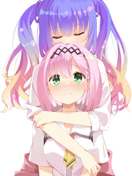 Rule 34 | 2girls, 3:, black hairband, blonde hair, blue hair, blunt bangs, blush, bob cut, cardigan, cardigan around waist, closed eyes, closed mouth, clothes around waist, collared shirt, commentary, embarrassed, eyelashes, eyes visible through hair, furrowed brow, gradient hair, green eyes, hair between eyes, hair intakes, hair ornament, hairband, highres, hug, hug from behind, kohibari kurumi, long hair, long sleeves, looking up, minase kaya, mizuka academy school uniform, multicolored hair, multiple girls, necktie, nose blush, pink hair, school uniform, shirt, short hair, short necktie, short sleeves, sidelocks, simple background, sleeves rolled up, straight hair, symbol-only commentary, tanikaze amane, tareme, tenshi souzou re-boot!, twintails, upper body, upturned eyes, white background, white shirt, x hair ornament, yellow necktie