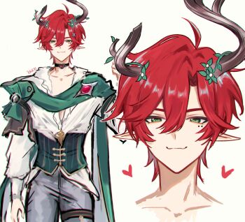 1boy alternate_costume black_choker choker chromatic_aberration ciaccona_(wuthering_waves) closed_mouth collarbone commentary_request genderswap genderswap_(ftm) green_eyes grey_pants hair_between_eyes heart highres horns jhenny345 long_pointy_ears long_sleeves looking_at_viewer male_focus medium_hair mole mole_under_eye multiple_moles multiple_views pants pointy_ears red_hair shirt smile smirk spanish_commentary tree_horns untucked_shirt white_shirt wuthering_waves