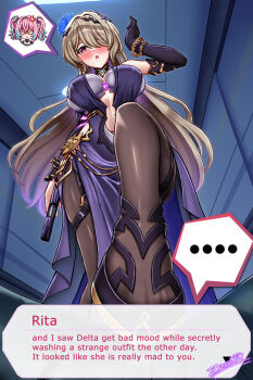 ... 1boy 1girl blush breasts brown_pantyhose captain_(honkai_impact) cleavage delta_(honkai_impact) dress feet foot_focus from_below gloves gun handgun highres holding holding_gun holding_weapon honkai_(series) honkai_impact_3rd large_breasts legs looking_at_viewer looking_down mole mole_under_eye pantyhose purple_dress purple_eyes purple_gloves rita_rossweisse rita_rossweisse_(miss_espionage) rozaliya_olenyeva shoejob single_glove solo_focus weapon zero130rider