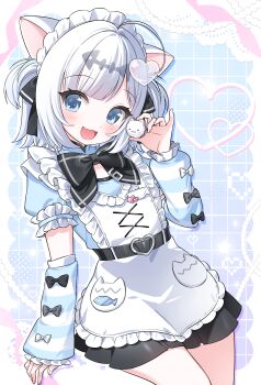 1girl :3 :d absurdres ahoge animal_ears apron belt black_belt black_bow black_bowtie blue_arm_warmers blue_dress blue_eyes bow bowtie candy cat_ears commission cowboy_shot dress dutch_angle fang food frilled_apron frills heart highres holding holding_candy holding_food light_blush looking_at_viewer maid maid_headdress open_mouth original poi1107 short_hair short_sleeves sidelocks skeb_commission smile solo striped_arm_warmers two_side_up white_apron white_arm_warmers white_hair