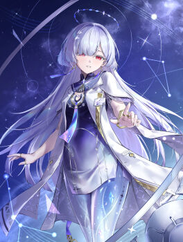 1girl absurdres breasts colored_eyelashes commentary dress earrings feet_out_of_frame gradient_clothes gradient_dress grey_hair hair_intakes hair_ornament halo highres id_card jacket jewelry light_blush long_hair looking_at_viewer mornye_(wuthering_waves) parted_lips purple_dress purple_sky red_eyes see-through_body short_dress side_slit sky small_breasts smile solo tacet_mark_(wuthering_waves) triangle_earrings white_jacket wuthering_waves yinghuahua