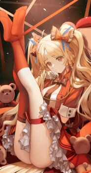 1girl absurdres arknights ass asymmetrical_legwear bow bowtie collar crossed_legs feather_hair feathers frilled_skirt frills highres idol irvinetope jacket kneepits layered_skirt legs_up mole mole_under_eye no_shoes official_alternate_costume orange_hair orange_pupils pinecone_(arknights) pinecone_(sing_a_song)_(arknights) red_bow red_collar red_jacket red_socks red_thighhighs restrained sitting skirt socks soles stuffed_animal stuffed_toy teddy_bear thigh_strap thighhighs thighs twintails waistband