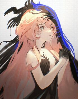 1girl bare_arms bare_shoulders black_dress black_hands black_veil blue_eyes blue_veil colored_extremities commentary_request dress grey_background highres long_hair looking_at_viewer nautika_(reverse:1999) own_hands_together pink_hair plunging_neckline reverse:1999 solo strapless strapless_dress two-tone_veil upper_body veil very_long_hair xjsbca