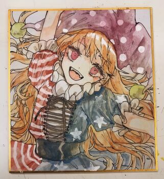 1girl american_flag_dress arm_up black_sash blonde_hair clownpiece commentary_request hat highres jester_cap long_hair looking_at_viewer open_mouth polka_dot_hat purple_eyes purple_hat sash shikishi shinjitsu_no_kuchi smile solo touhou upper_body