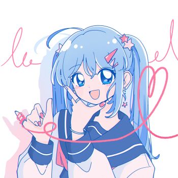 1girl blue_eyes blue_hair hair_ornament hairclip highres long_hair looking_at_viewer nail_polish open_mouth original school_uniform serafuku smile sskitaco star_(symbol) star_hair_ornament string string_of_fate twintails upper_body