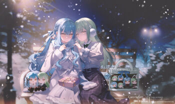 Rule 34 | 2girls, absurdres, bang dream!, bang dream! it's mygo!!!!!, bench, blue hair, blue scarf, blue skirt, bow, bowtie, center frills, character doll, chibigurumi, coat, commentary, doll, earmuffs, frills, gift, green bow, green bowtie, green hair, grey jacket, hair ornament, hair ribbon, hairclip, haneoka school uniform, highres, itabag, jacket, long hair, maoerduo meow, mortis (bang dream!), mortis (costume) (bang dream!), multiple girls, night, oblivionis (bang dream!), open clothes, open jacket, open mouth, outdoors, plaid clothes, plaid skirt, ribbon, scarf, school uniform, shirt, sidelocks, sitting, skirt, snow, togawa sakiko, tsukinomori school uniform, wakaba mutsumi, white coat, white ribbon, white shirt, yellow eyes, yuri